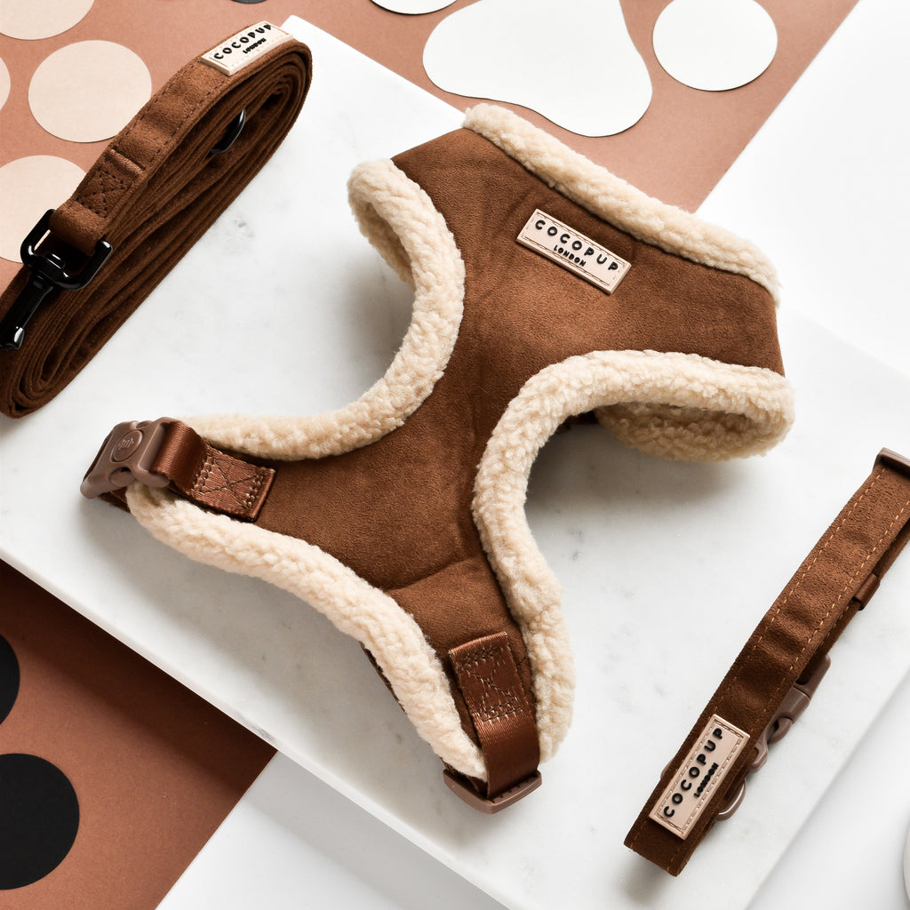 Adjustable Neck Dog Harness, Brown Faux Suede Walking Vest with Soft Fluffy Trim in XXS to Large Sizes source image 4