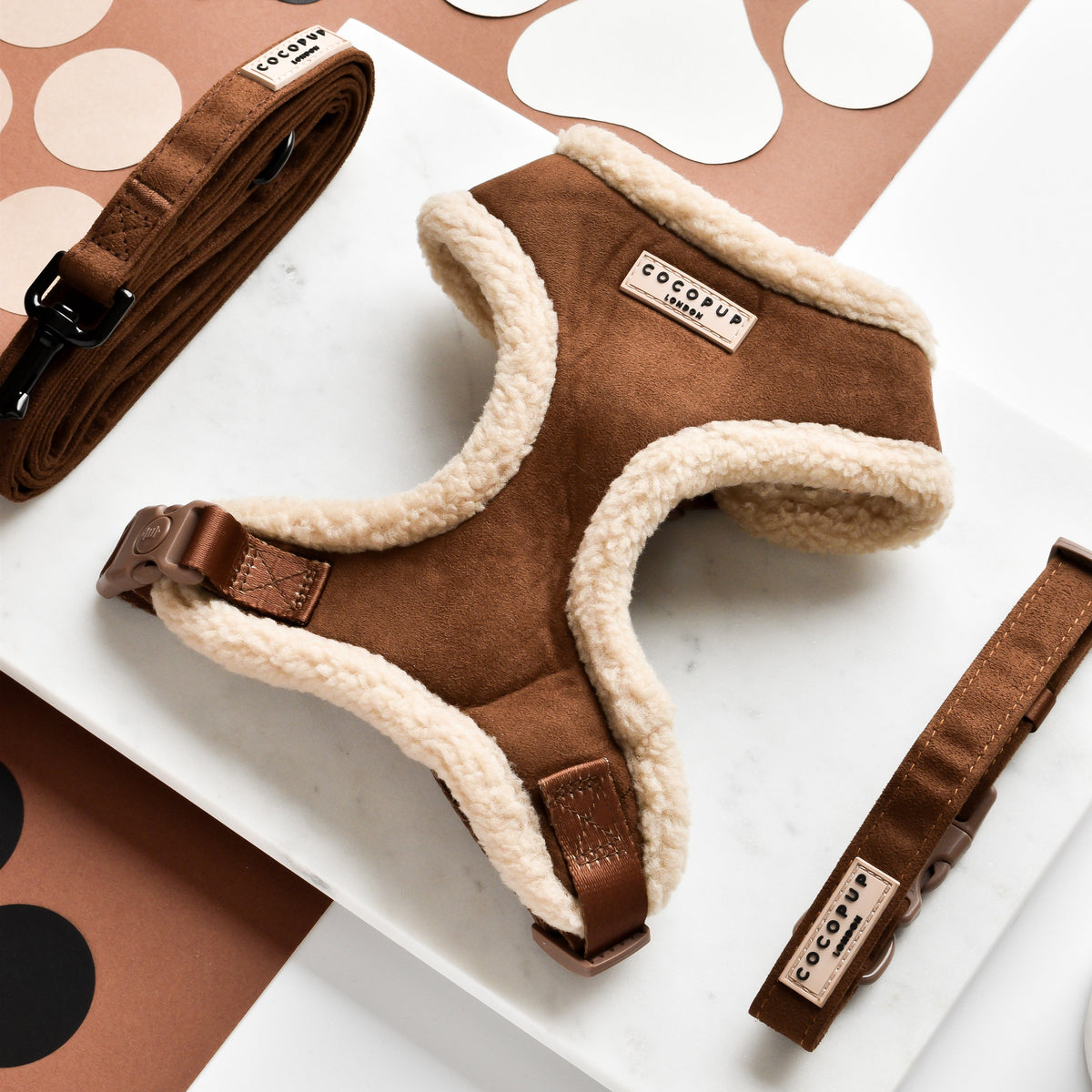 Adjustable Neck Dog Harness, Brown Faux Suede Walking Vest with Soft Fluffy Trim in XXS to Large Sizes source image 4