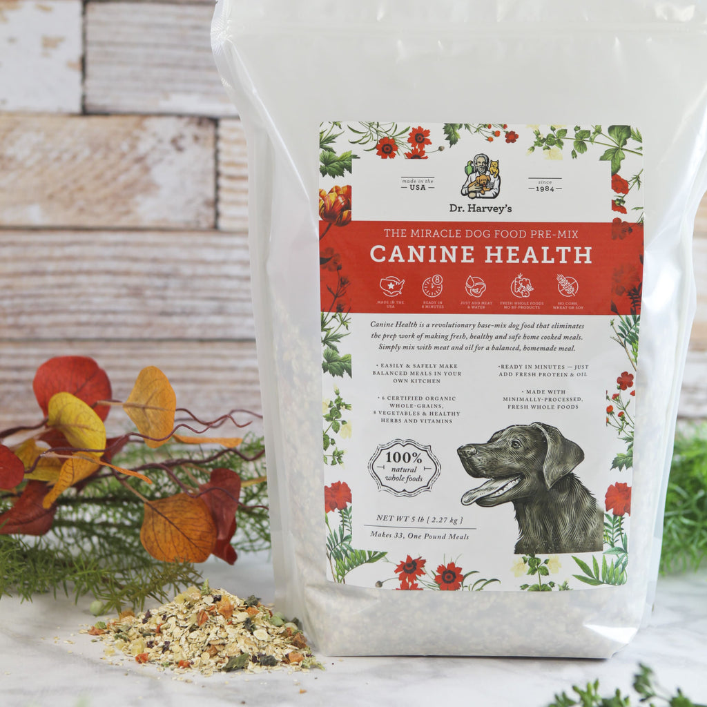 Dr. Harvey's Canine Health Miracle Dog Food Pre-Mix 5lb bag with floral label and dog illustration