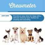 Five small dogs sit in a row under a sign reading "Bully Snack Sticks Medium by Best Bully Sticks," describing crunchy chews ideal for pups with delicate chewing styles—offering a gentle alternative to traditional bully sticks.