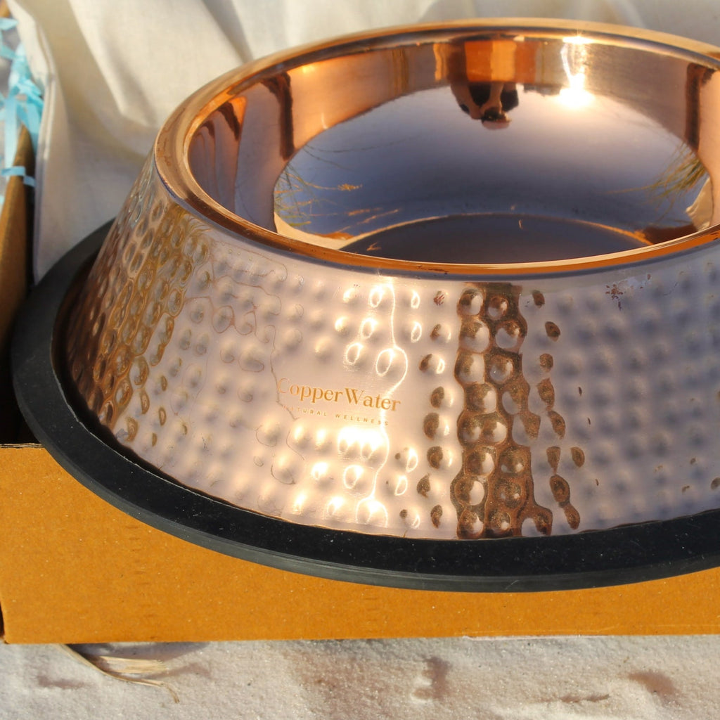 Hand-Hammered Pure Copper Pet Water Bowl for Cats and Dogs, Polished Finish in 27 oz and 51 oz Sizes source image 5