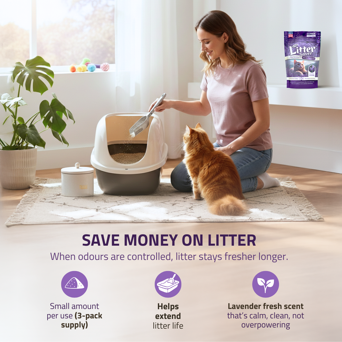 Cat Litter Box Deodorizer, Lavender Slow-Release Granules in a Three Pack for Up to 15 Weeks of Freshness source image 5