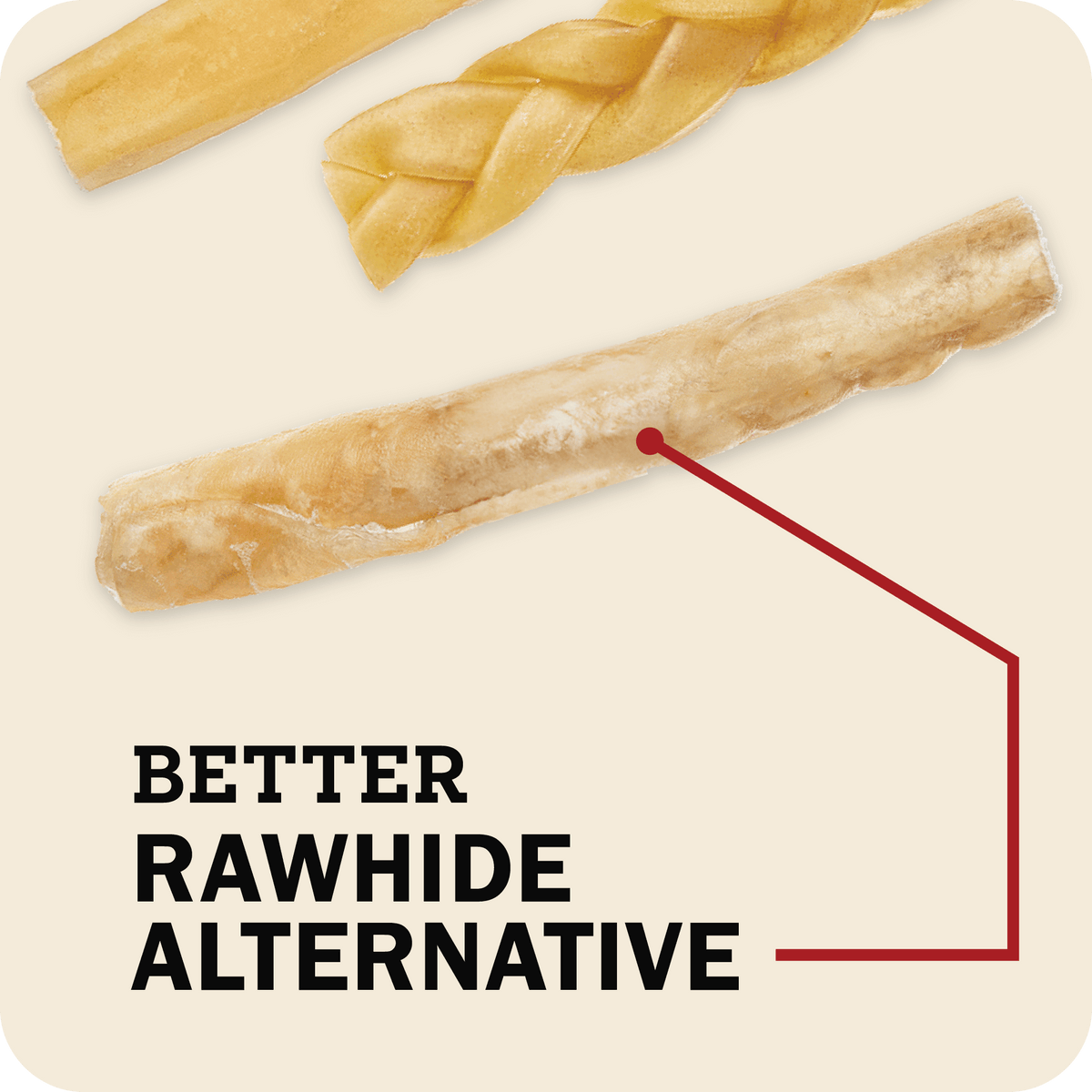 A Redbarn collagen stick in the center with different collagen chews in the background with a title that reads, 'Better rawhide alternative.'