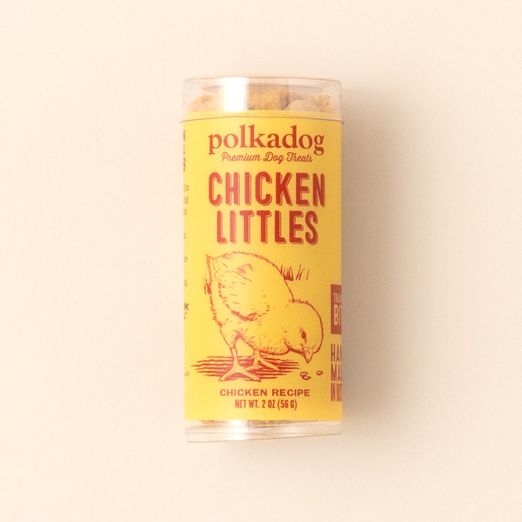 Polkadog Chicken Littles Training Bits 2oz mini tube on a beige background