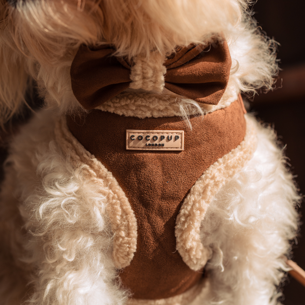 Adjustable Neck Dog Harness, Brown Faux Suede Walking Vest with Soft Fluffy Trim in XXS to Large Sizes source image 6