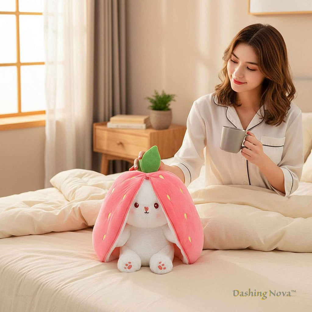 Reversible Bunny Plush Toy Transforming into Strawberry or Carrot Designs in Three Soft Sizes source image 5