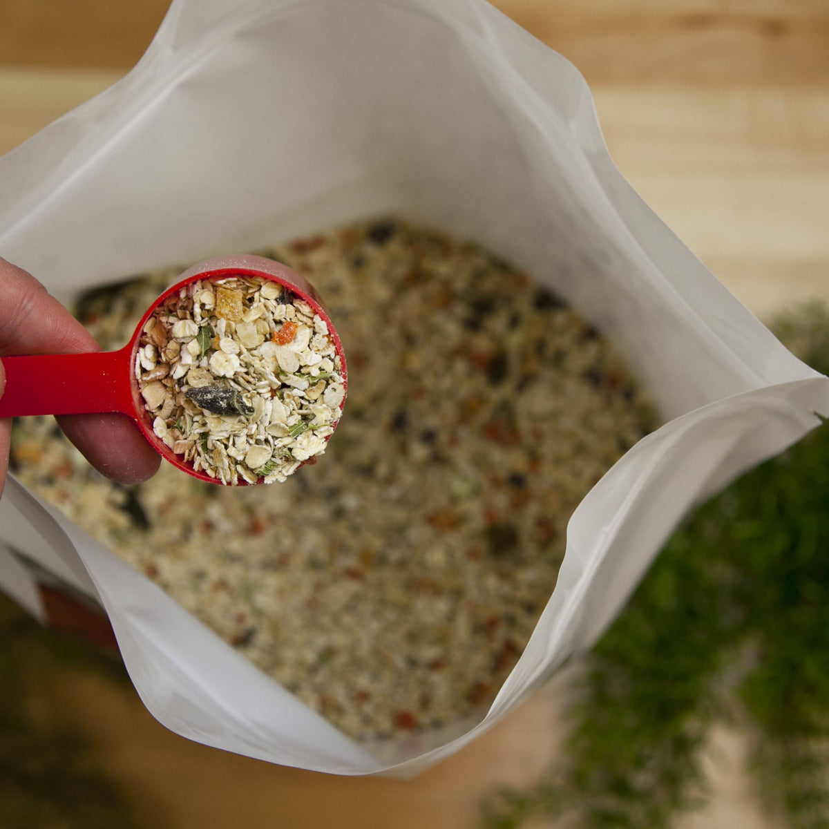 Red measuring scoop filled with mixed grain and herb blend held over open resealable bag