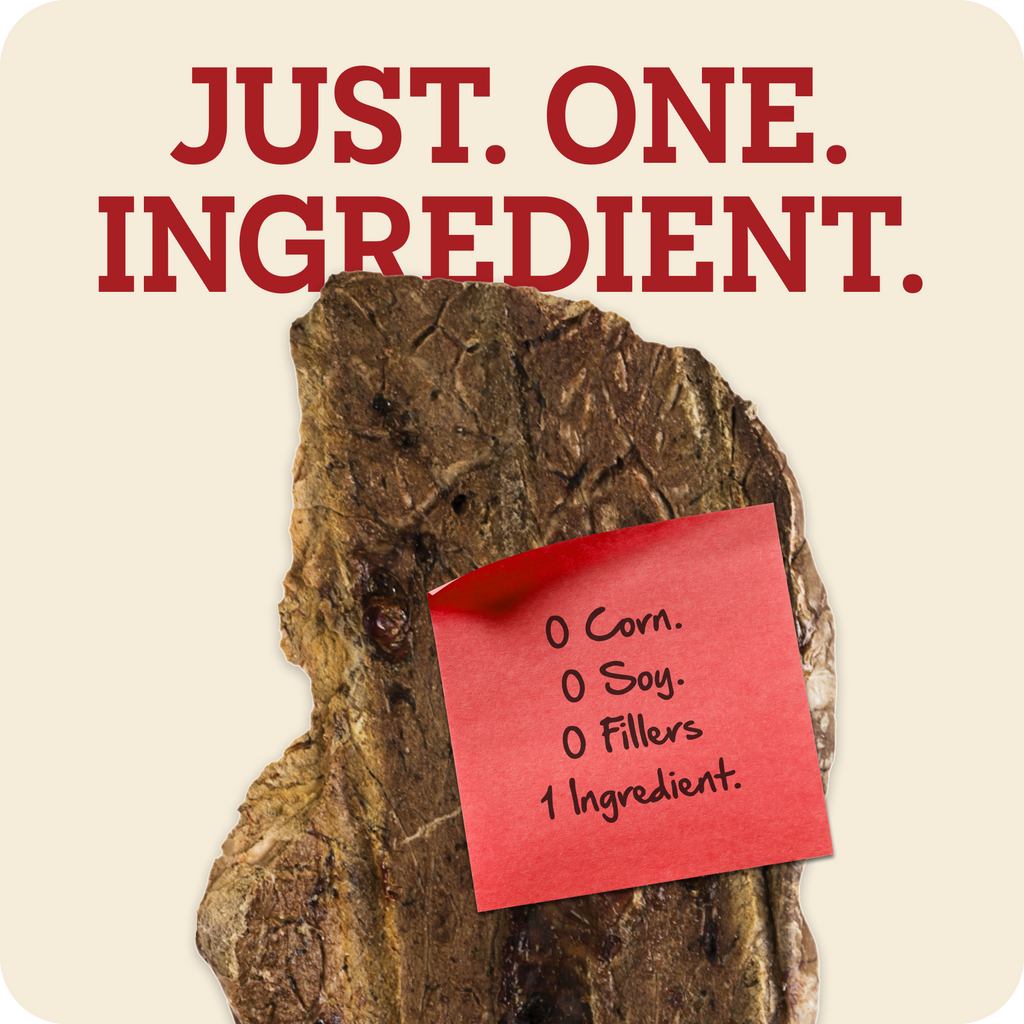 Redbarn Choppers banner with Choppers in the middle on a beige background with a red sticky note attached to it which says, Just. One. Ingredient. 0 Corn, 0 Soy, 0 Fillers, 1 Ingredient.