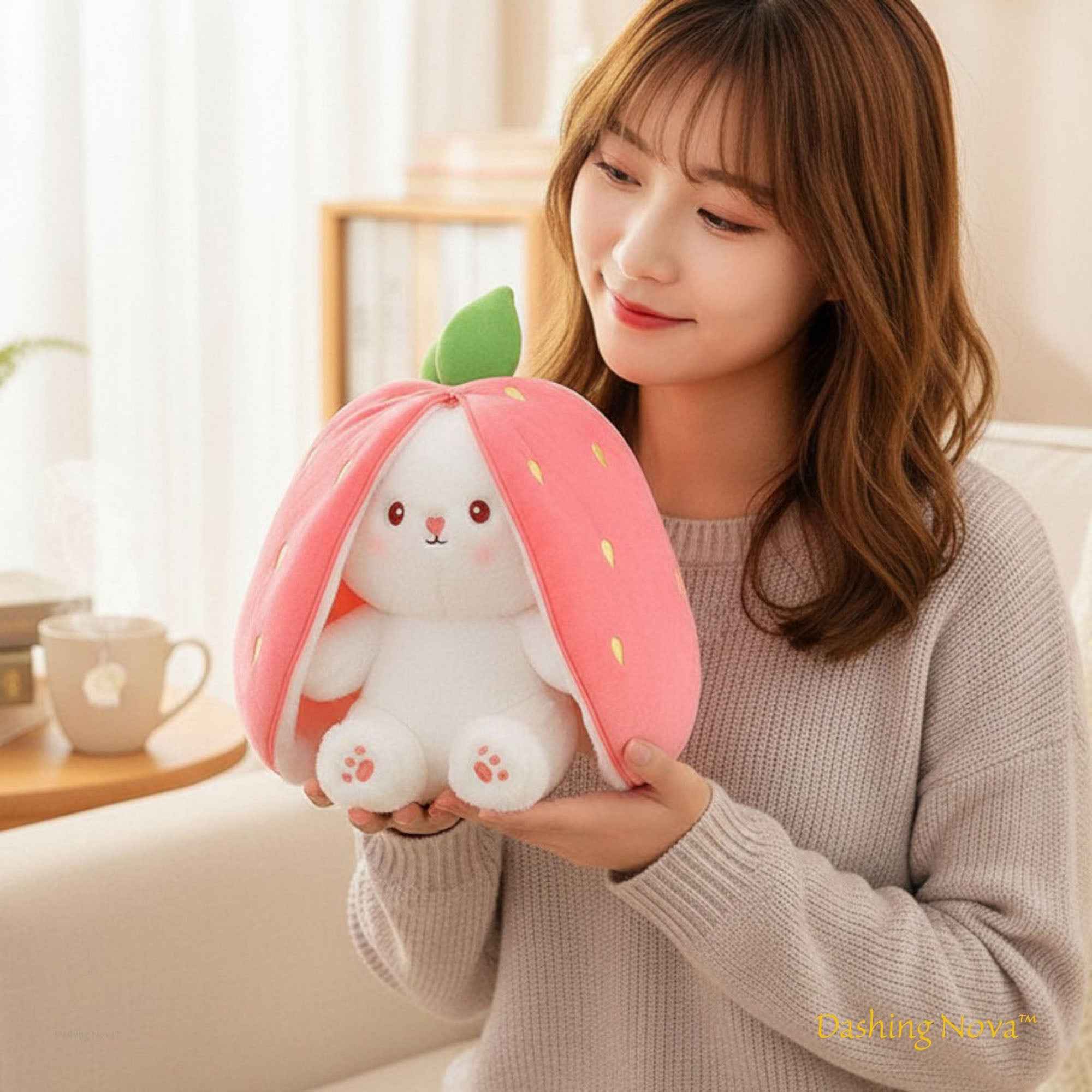 Reversible Bunny Plush Toy Transforming into Strawberry or Carrot Designs in Three Soft Sizes source image 6