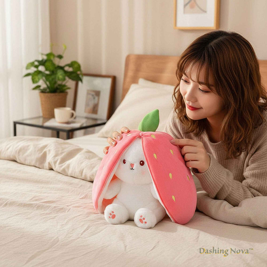Reversible Bunny Plush Toy Transforming into Strawberry or Carrot Designs in Three Soft Sizes source image 7