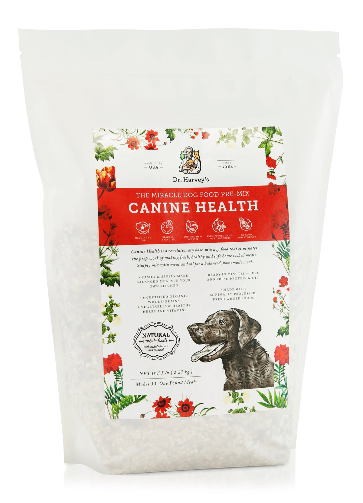 Dr. Harvey's Canine Health Miracle Dog Food Pre-Mix, 5 lb white bag with red label and floral design