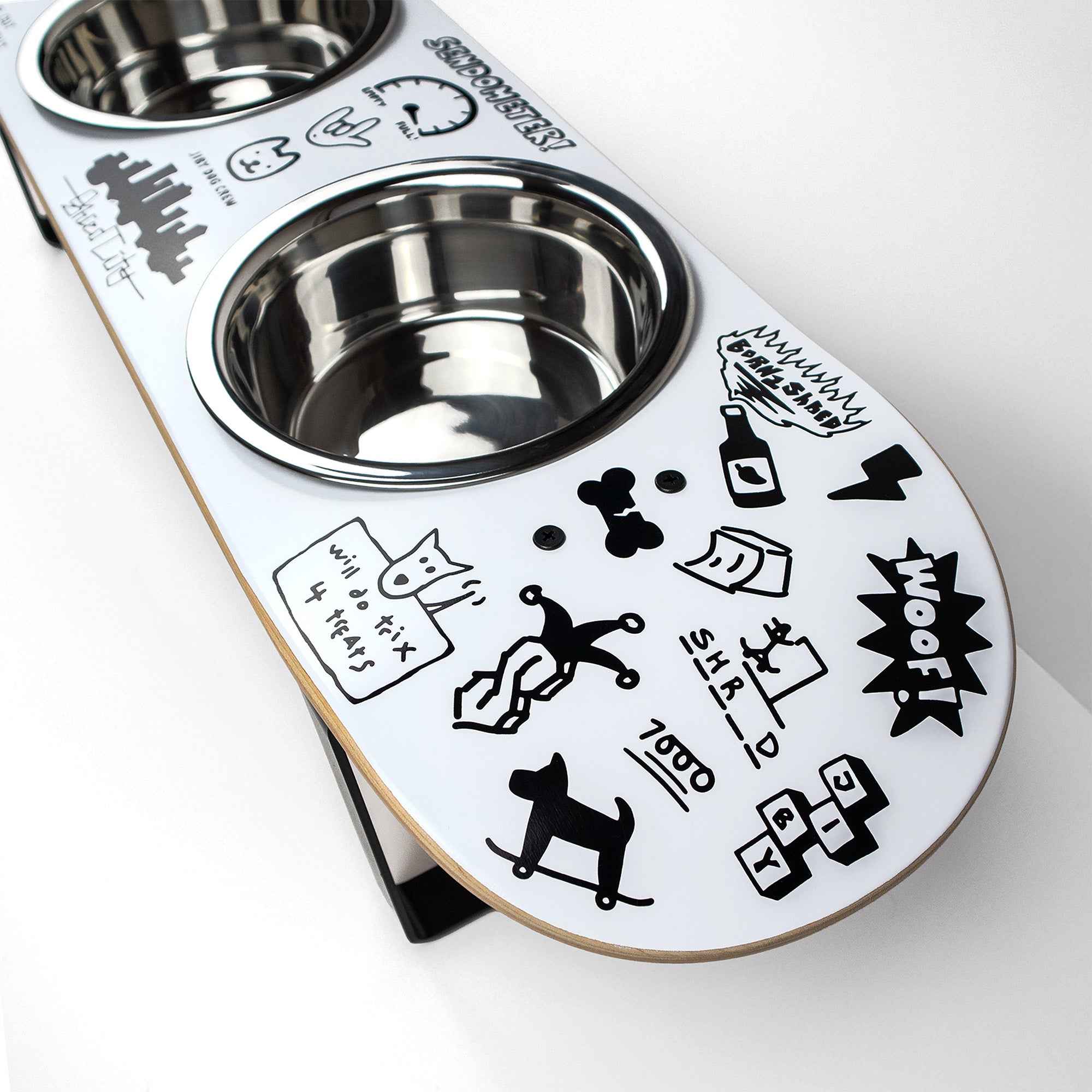 Elevated Double Dog Bowl Stand, Medium Skateboard-Deck Feeder with Two 4-Cup Stainless Steel Bowls source image 9
