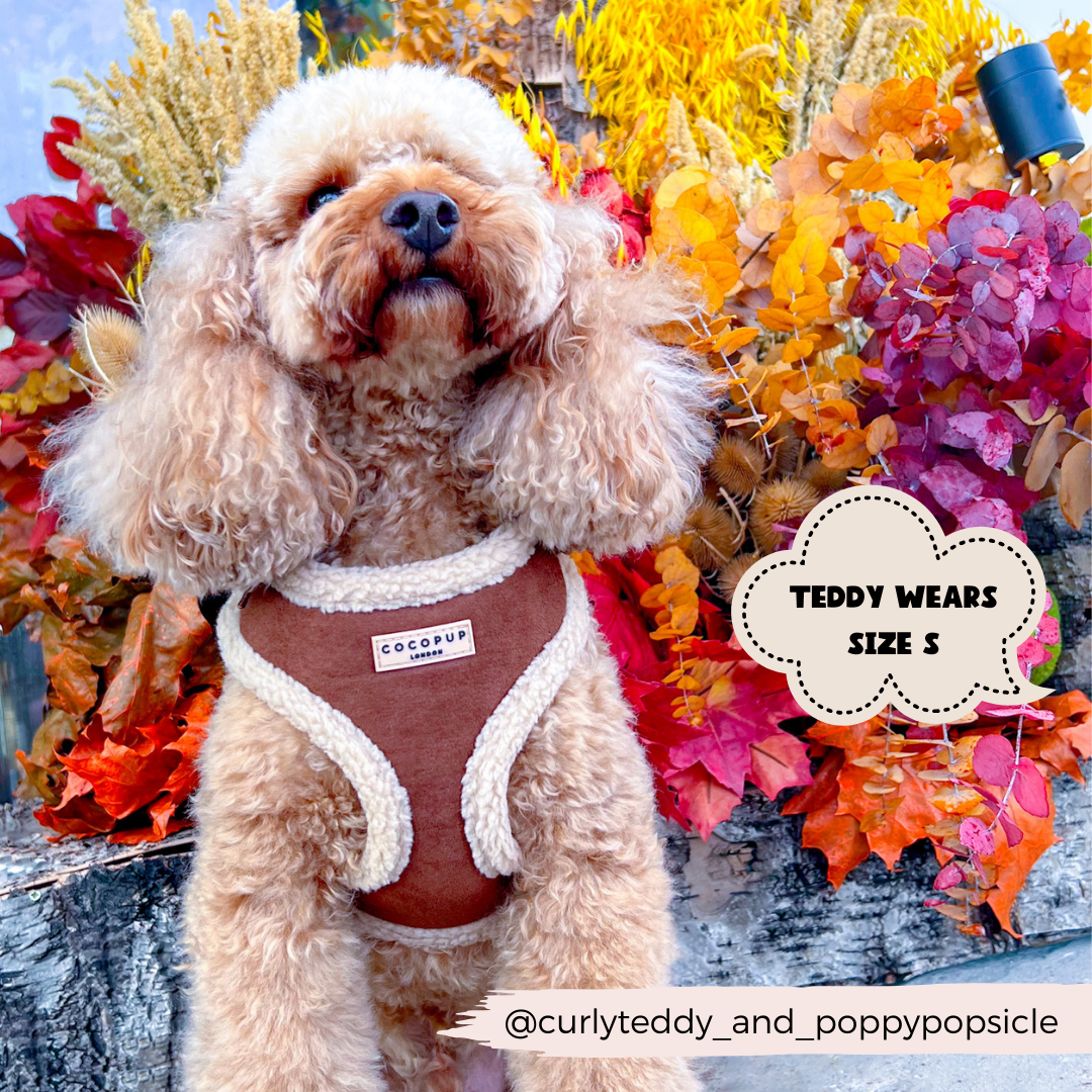 Adjustable Neck Dog Harness, Brown Faux Suede Walking Vest with Soft Fluffy Trim in XXS to Large Sizes source image 9