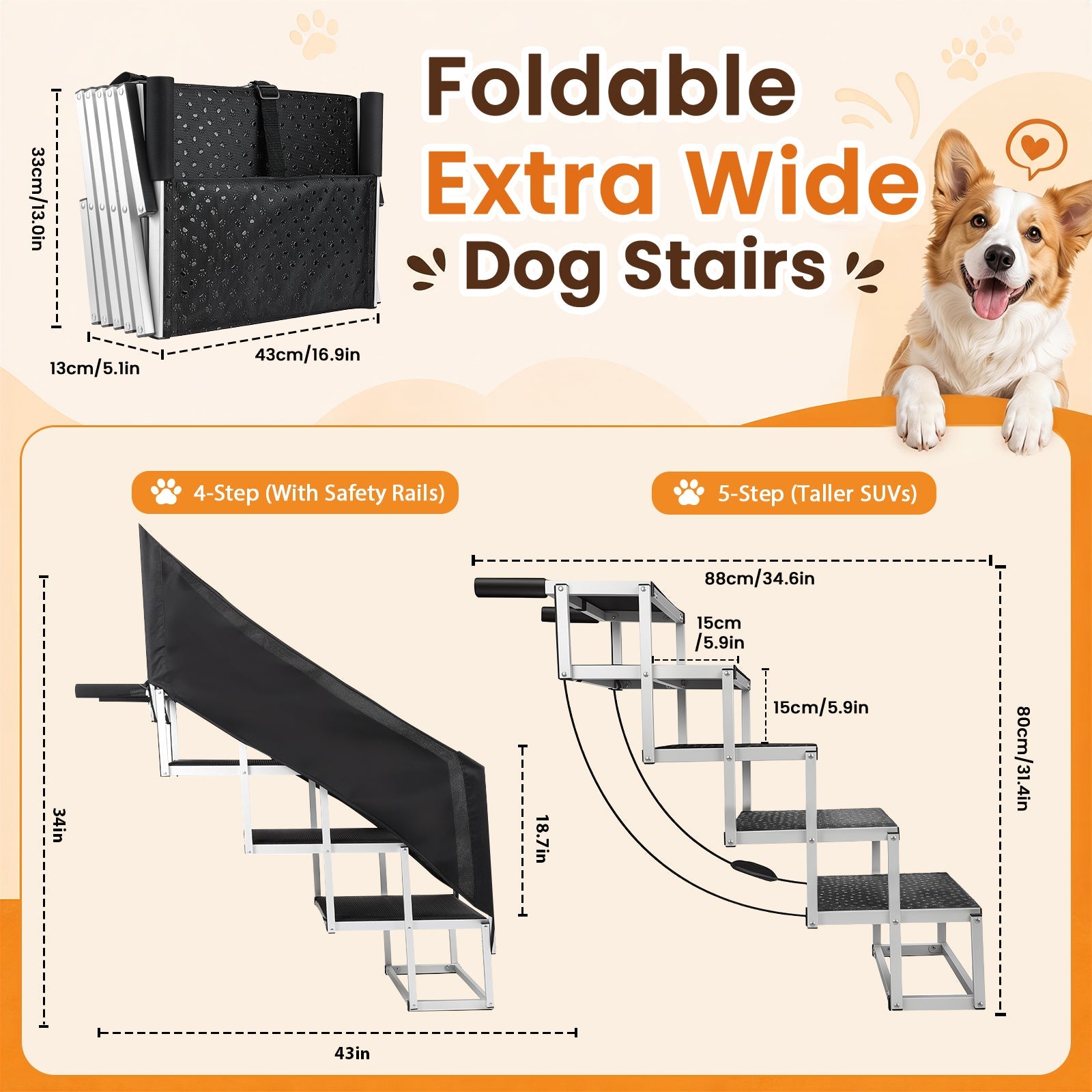 Folding Dog Stairs for SUVs, Beds and Sofas, Lightweight Aluminum Frame Rated to 230 Pounds source image 9