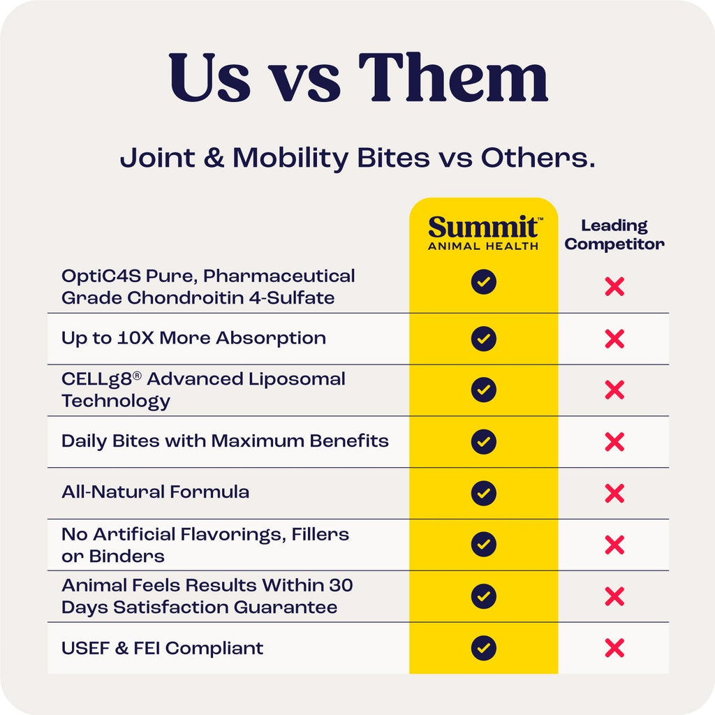 Comparison chart of 'Bites for Horses' vs competitors highlighting benefits for joint and mobility.