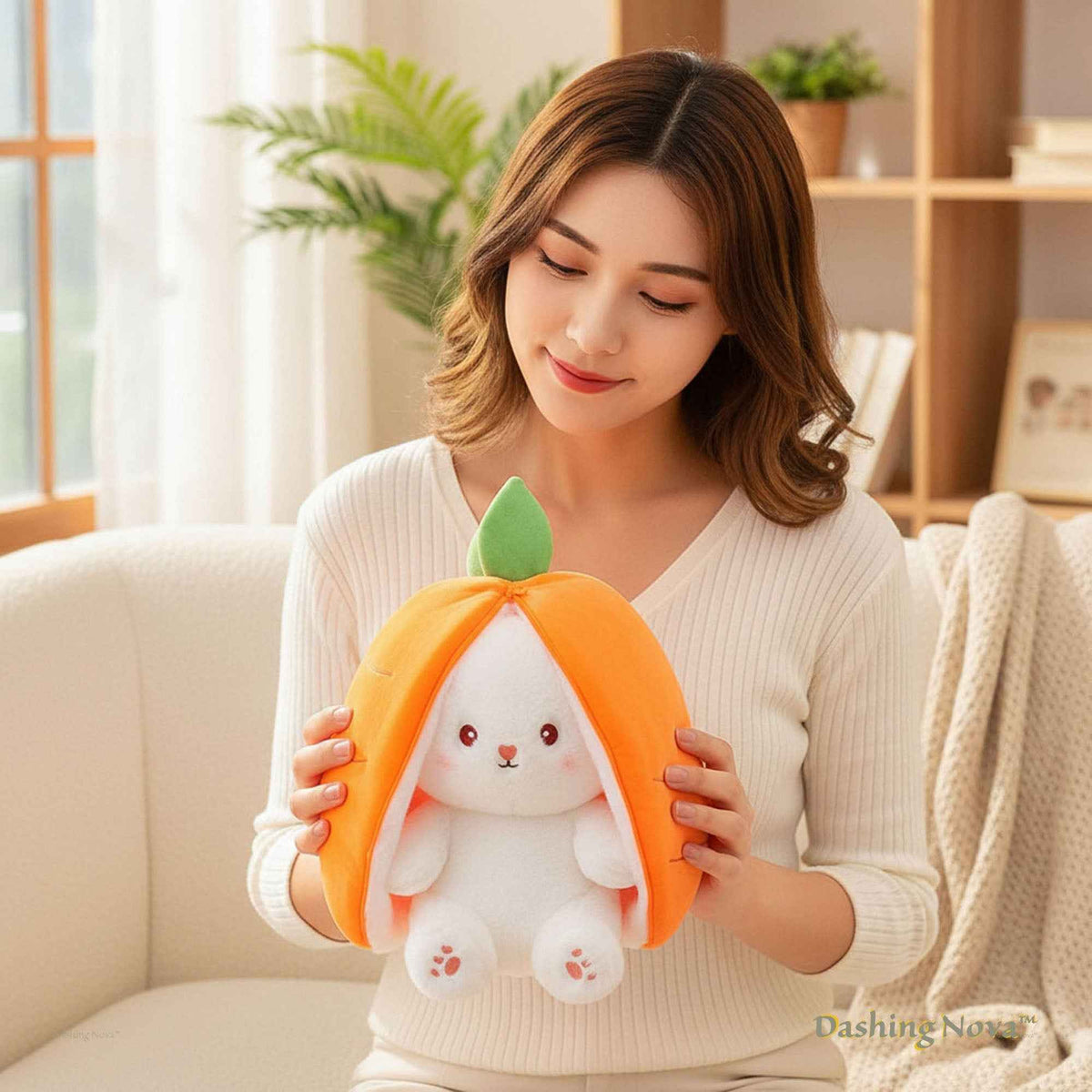 Reversible Bunny Plush Toy Transforming into Strawberry or Carrot Designs in Three Soft Sizes source image 9