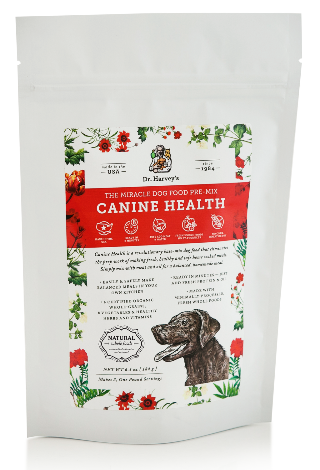 Dr. Harvey's Canine Health Miracle Dog Food Pre-Mix package, 6.5 oz white standup pouch with red banner and floral design