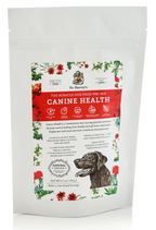 Dr. Harvey's Canine Health Miracle Dog Food Pre-Mix package, 6.5 oz white standup pouch with red banner and floral design