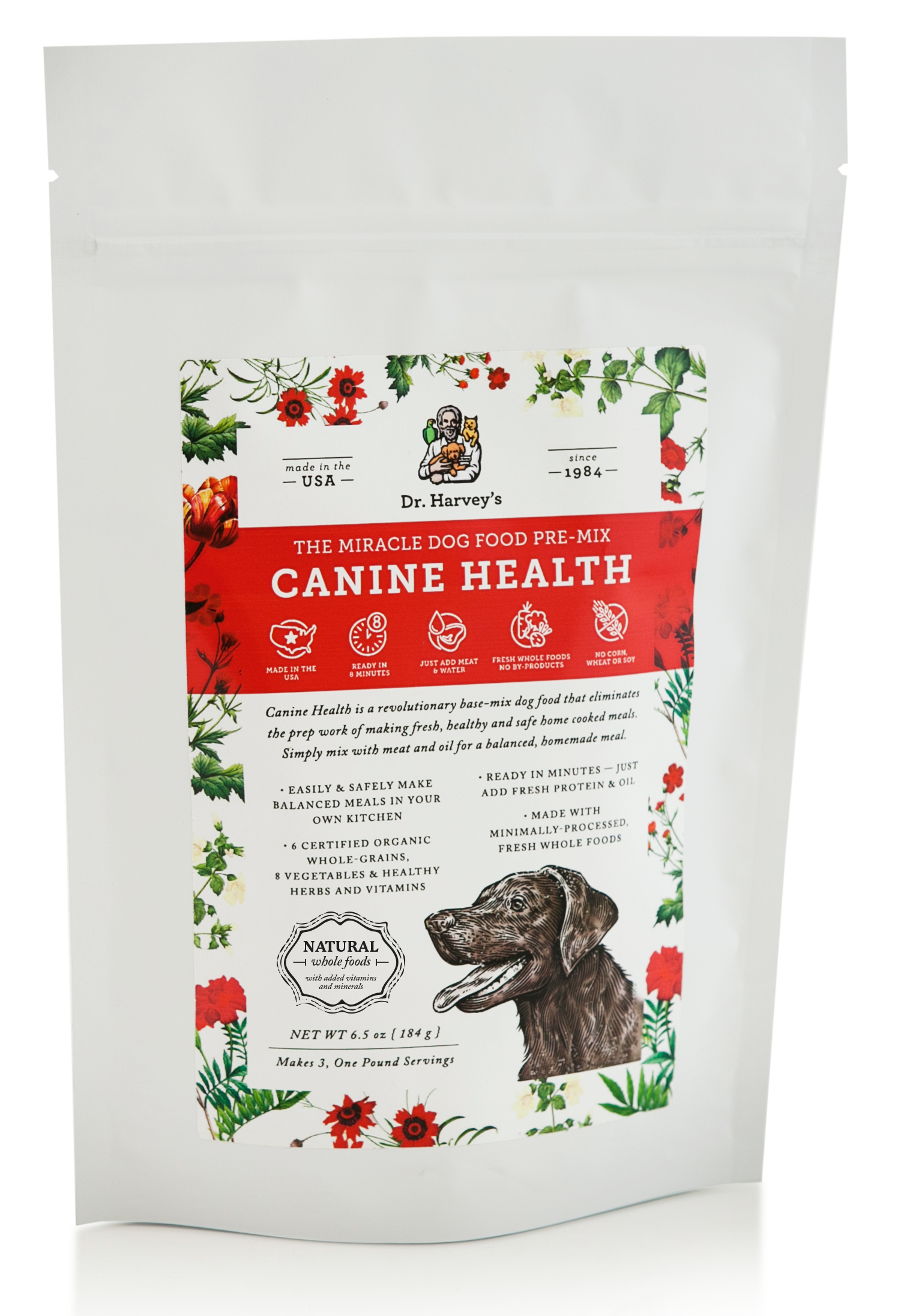 Dr. Harvey's Canine Health Miracle Dog Food Pre-Mix package, 6.5 oz white standup pouch with red banner and floral design