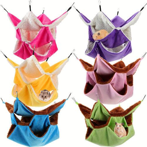 Small Animal Hammock 6pcs 3-Layer Hanging Cage Bed for Ferret Guinea Pig Rat Squirrel Chinchilla, Pet Cage Accessories Sleeping Playing Hammock Set 6 Colors, Ferret Bed Cage Accessories