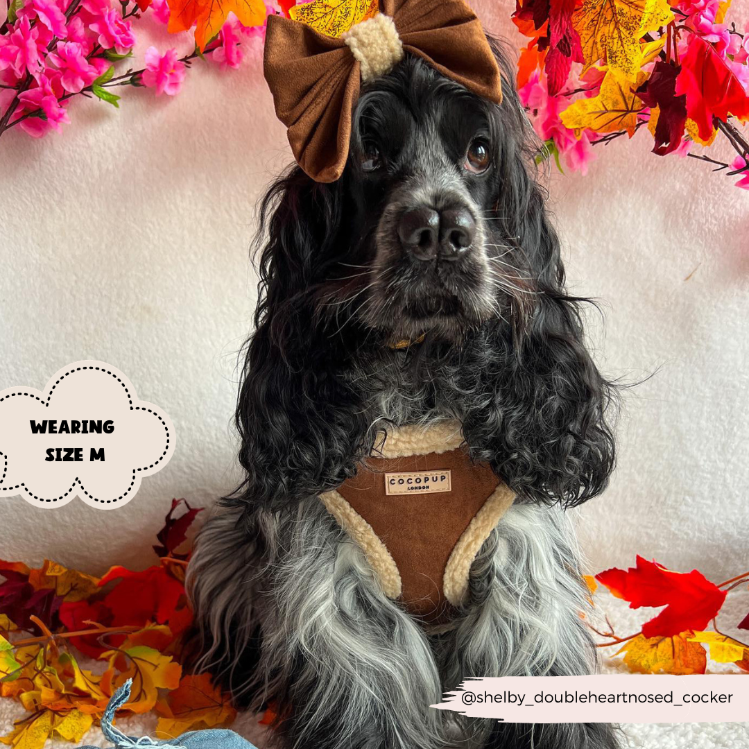 Adjustable Neck Dog Harness, Brown Faux Suede Walking Vest with Soft Fluffy Trim in XXS to Large Sizes source image 14