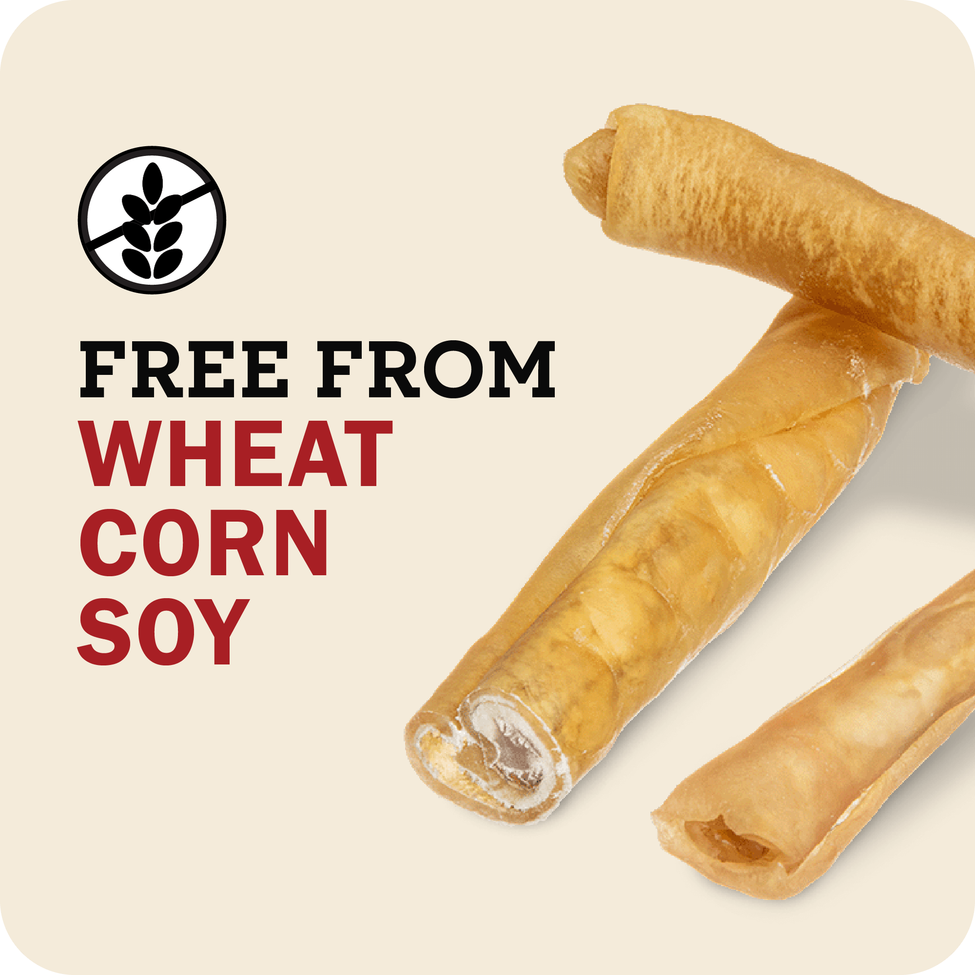 An image with three collagen sticks on the right with a message on the left of the image that reads, 'Free from Wheat Corn Soy'