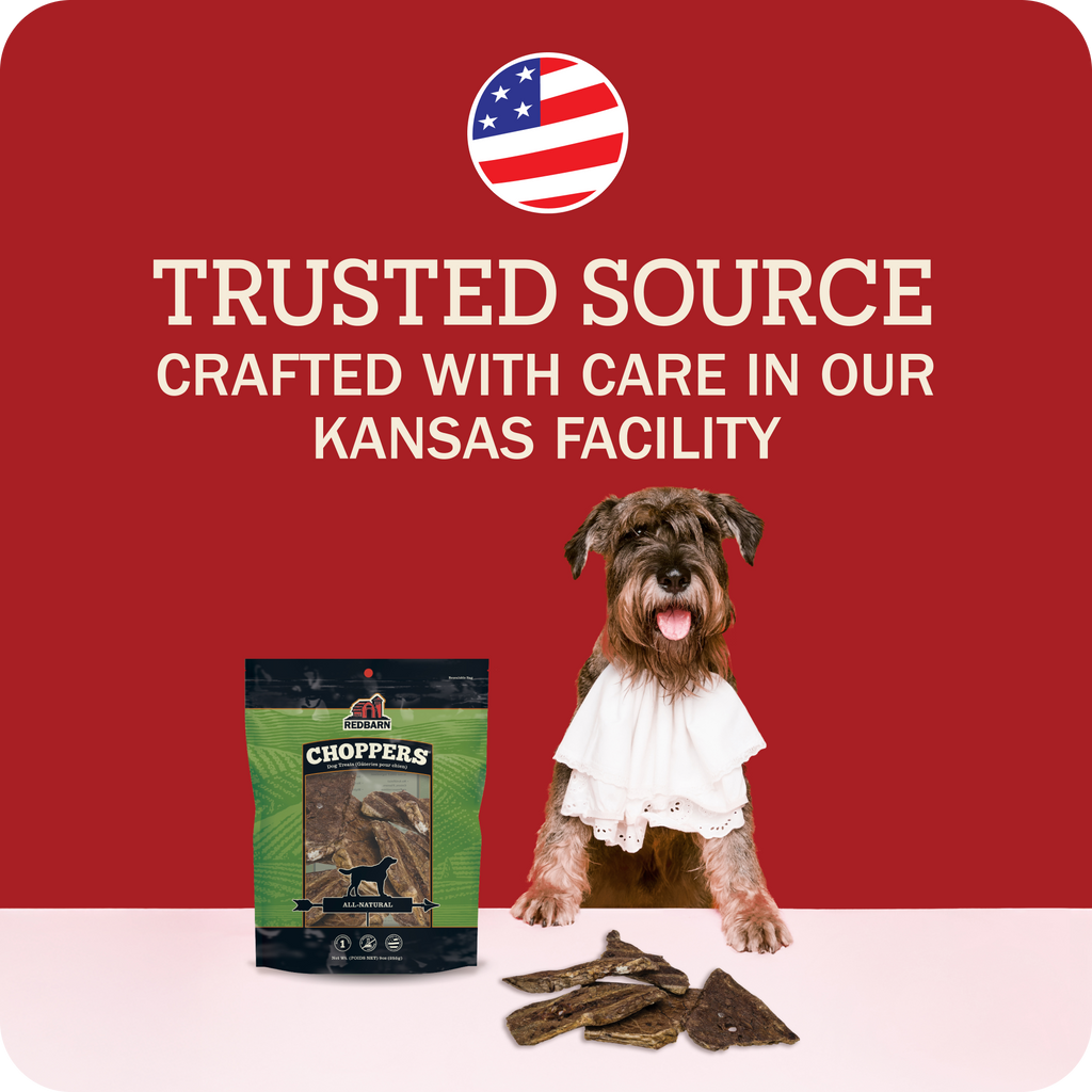 Redbarn Choppers banner with a dog wearing a serviette. Choppers kept on a white table along with the bag and a red background with the text, 'Trusted Source crafted with care in our Kansas facility.'