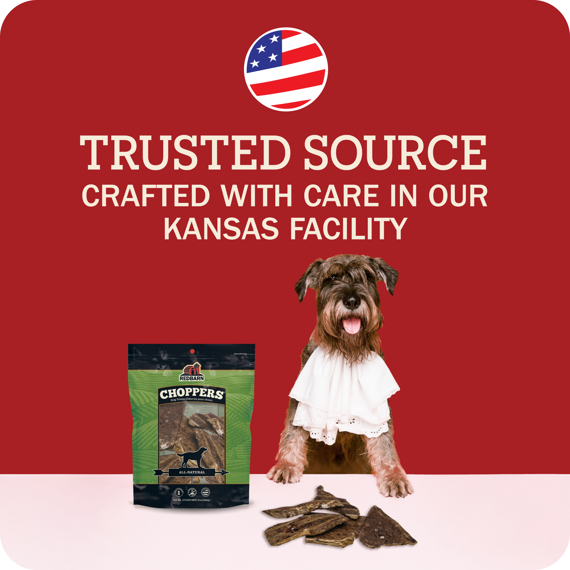 Redbarn Choppers banner with a dog wearing a serviette. Choppers kept on a white table along with the bag and a red background with the text, 'Trusted Source crafted with care in our Kansas facility.'