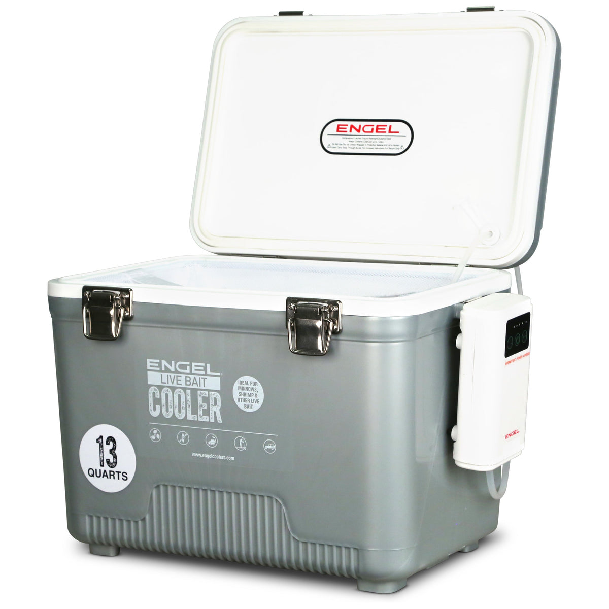 13-Quart Live Bait Cooler and USB-C Rechargeable Aerator, Stainless-Hardware Fishing Box with Carry Strap source image 15
