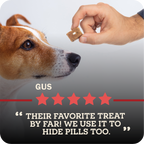 Dog looking at a treat held by a hand with a five-star rating and text below.
