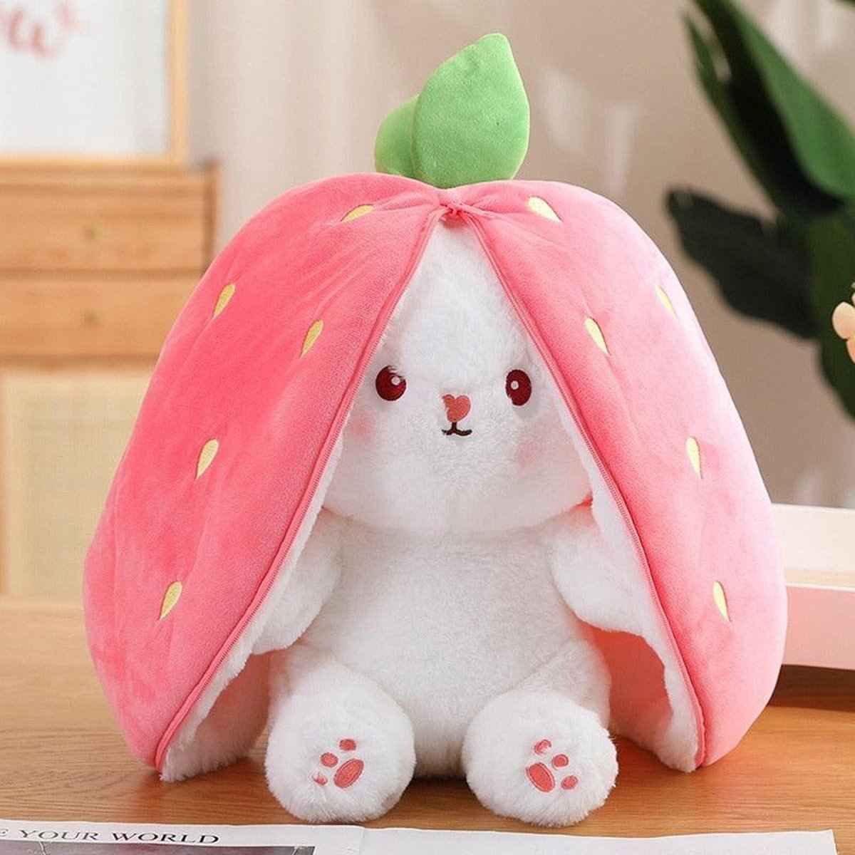 Reversible Bunny Plush Toy Transforming into Strawberry or Carrot Designs in Three Soft Sizes source image 14