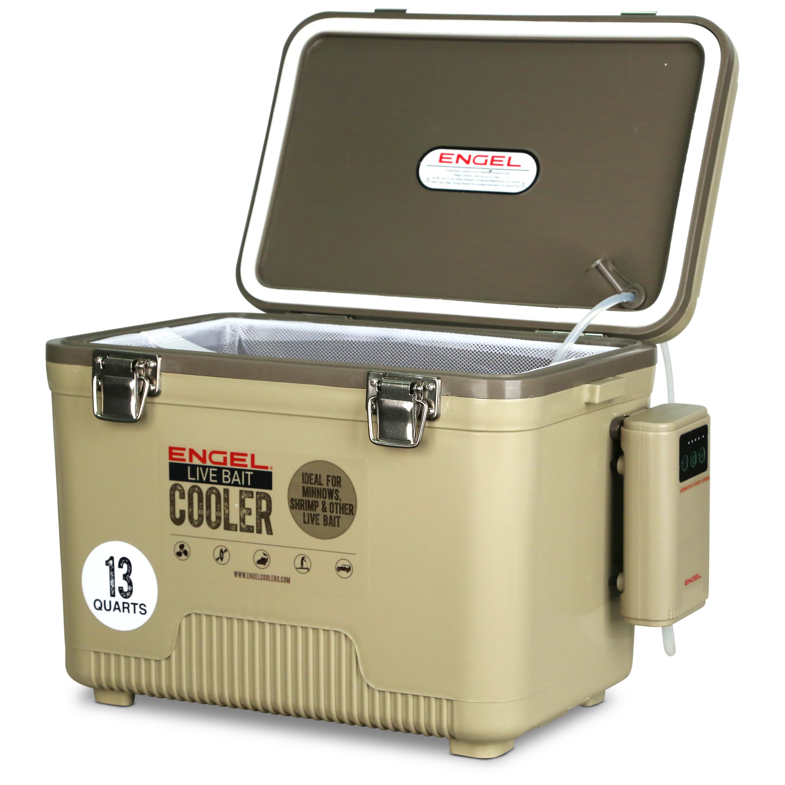 13-Quart Live Bait Cooler and USB-C Rechargeable Aerator, Stainless-Hardware Fishing Box with Carry Strap source image 16