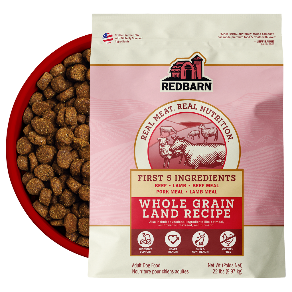 Best Beef Dog Food. Redbarn Whole Grain Land dog food package featuring Beef, Lamb, Beef Meal, Pork Meal, Lamb Meal.