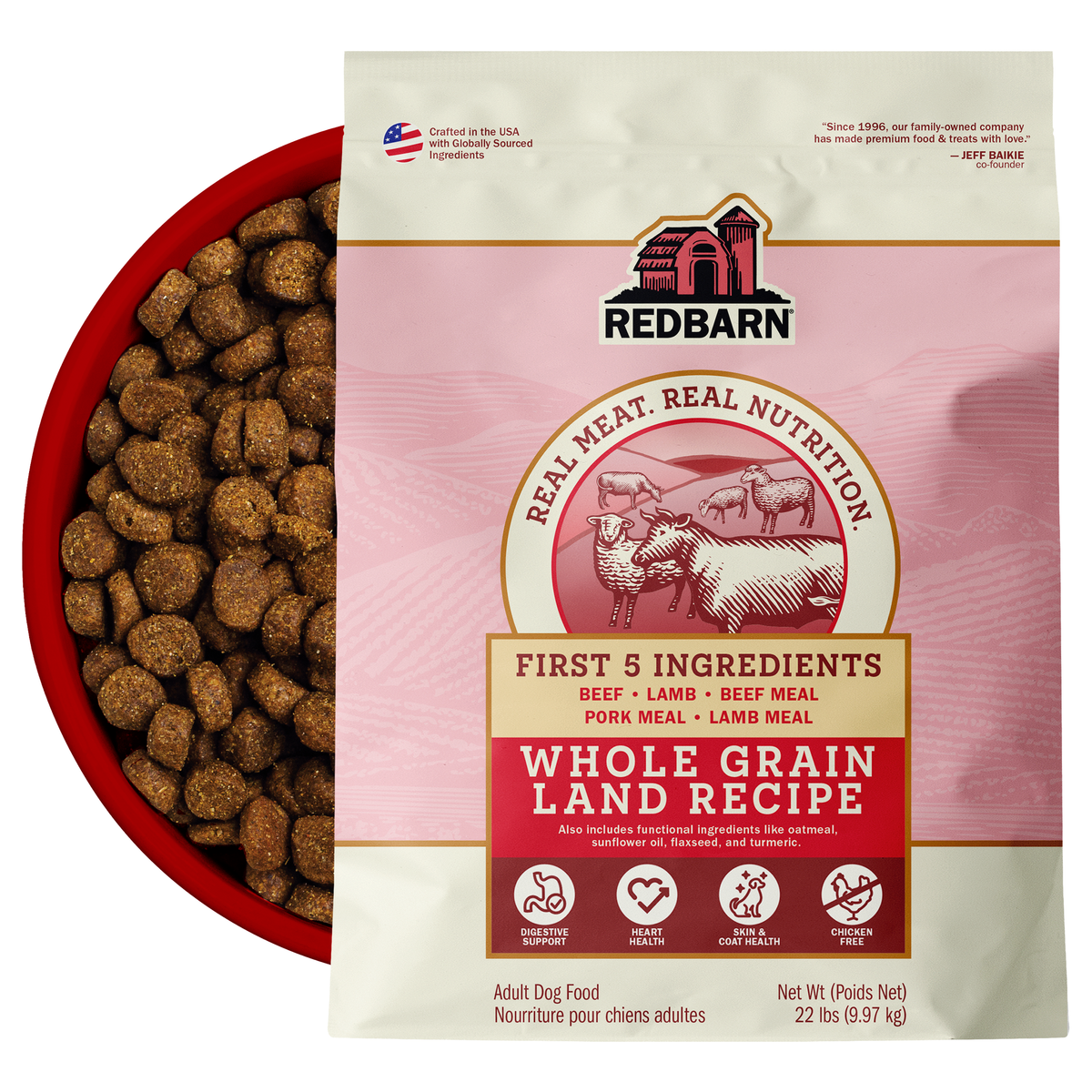 Best Beef Dog Food. Redbarn Whole Grain Land dog food package featuring Beef, Lamb, Beef Meal, Pork Meal, Lamb Meal.