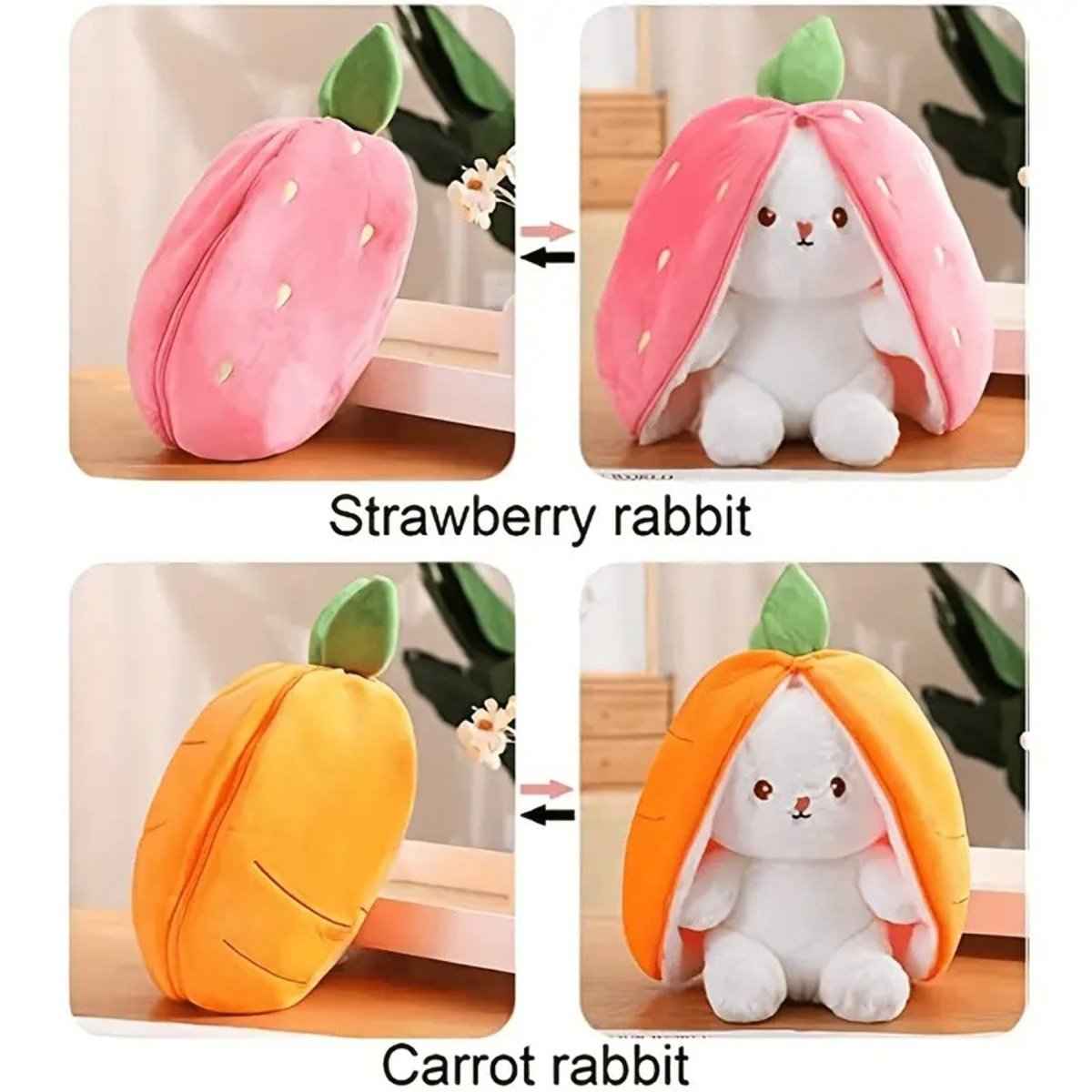 Reversible Bunny Plush Toy Transforming into Strawberry or Carrot Designs in Three Soft Sizes source image 16
