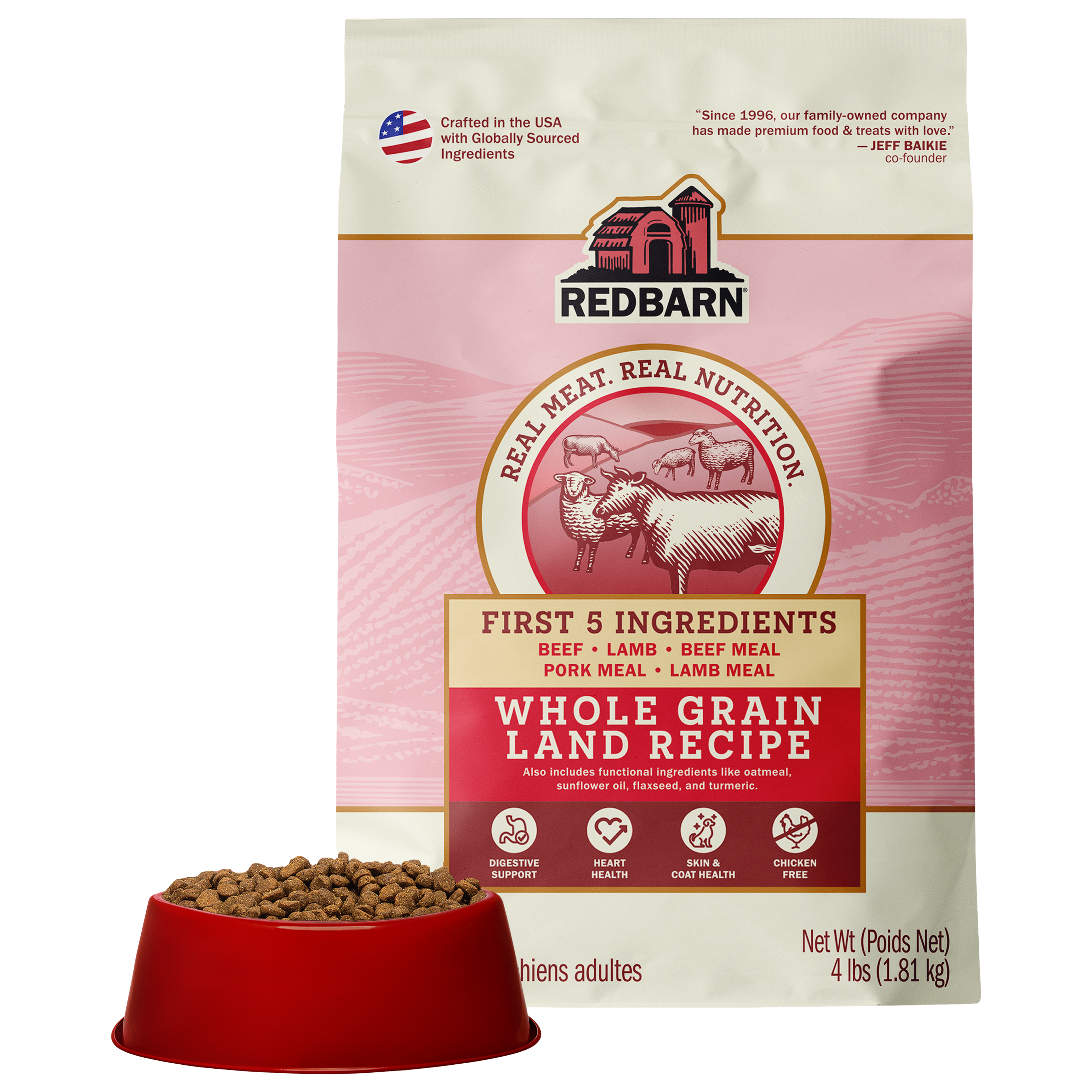 Best Beef Dog Food. Redbarn Whole Grain Land dog food package featuring Beef, Lamb, Beef Meal, Pork Meal, Lamb Meal.