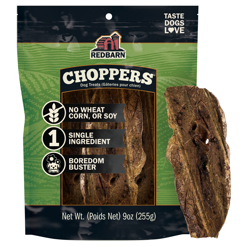 Best Dog Treats. Redbarn Choppers dog treat package with a single ingredient treat on a white background