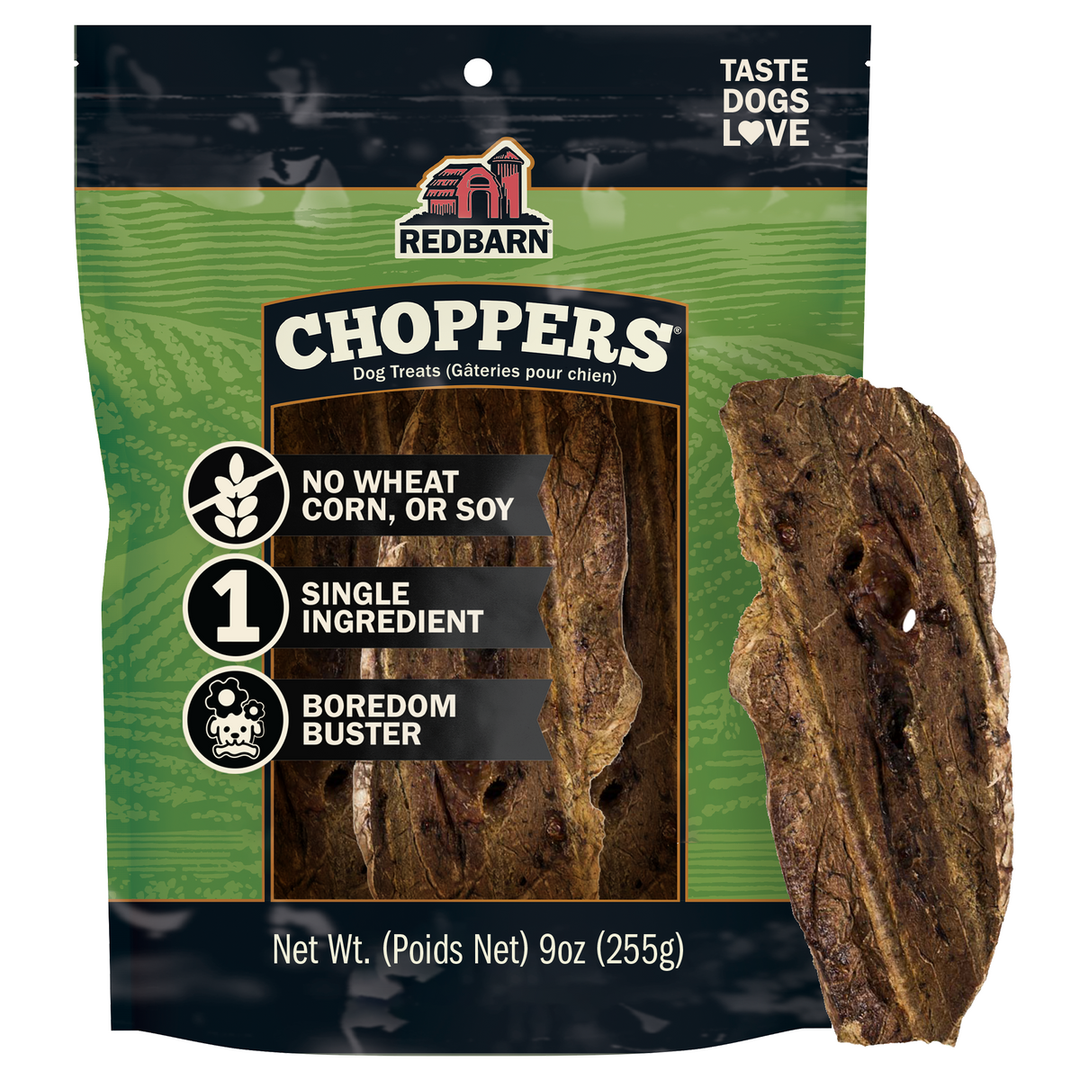 Best Dog Treats. Redbarn Choppers dog treat package with a single ingredient treat on a white background