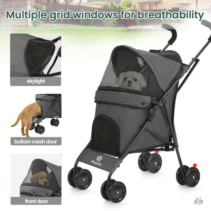 Pet Stroller for Small Dogs & Cats | Foldable Travel Dog Stroller, Portable Puppy Cat Pram with 4 Wheels, Canopy & Storage Basket, Lightweight Jogger Stroller for Pets Up to 33 lbs, 5 Colors