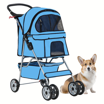 4-Wheel Pet Stroller with Cup Holder & Storage Basket | Portable Breathable Cat Dog Stroller, Smooth-Rolling Outdoor Pram for Small Medium Pets, Foldable Travel Jogger with Canopy, 5 Colors