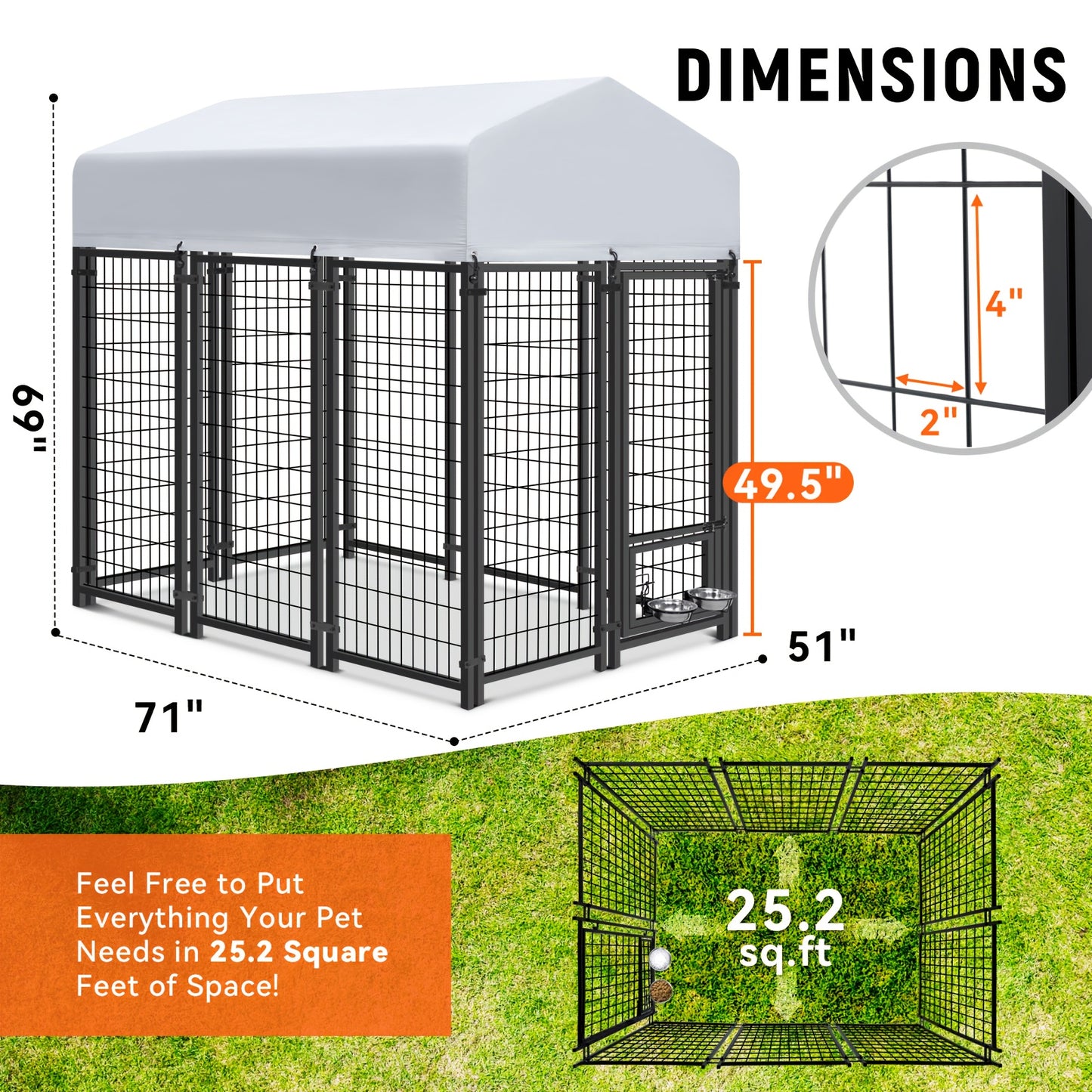 Outdoor Dog Enclosure Welded Wire Steel with UV-Resistant Roof Cover Secure Lock Dog Playpen Fence Run for Large Dogs 4x4 6x4 8x4 ft 6ft Tall