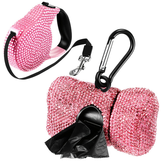 Retractable Dog Leash Set of 2 with Rhinestone Decoration, Pink Bone-Shaped Waste Bag Dispenser & Metal Clip, Bling Leash for Small Medium Dogs & Puppies, Stylish Pet Walking Accessory