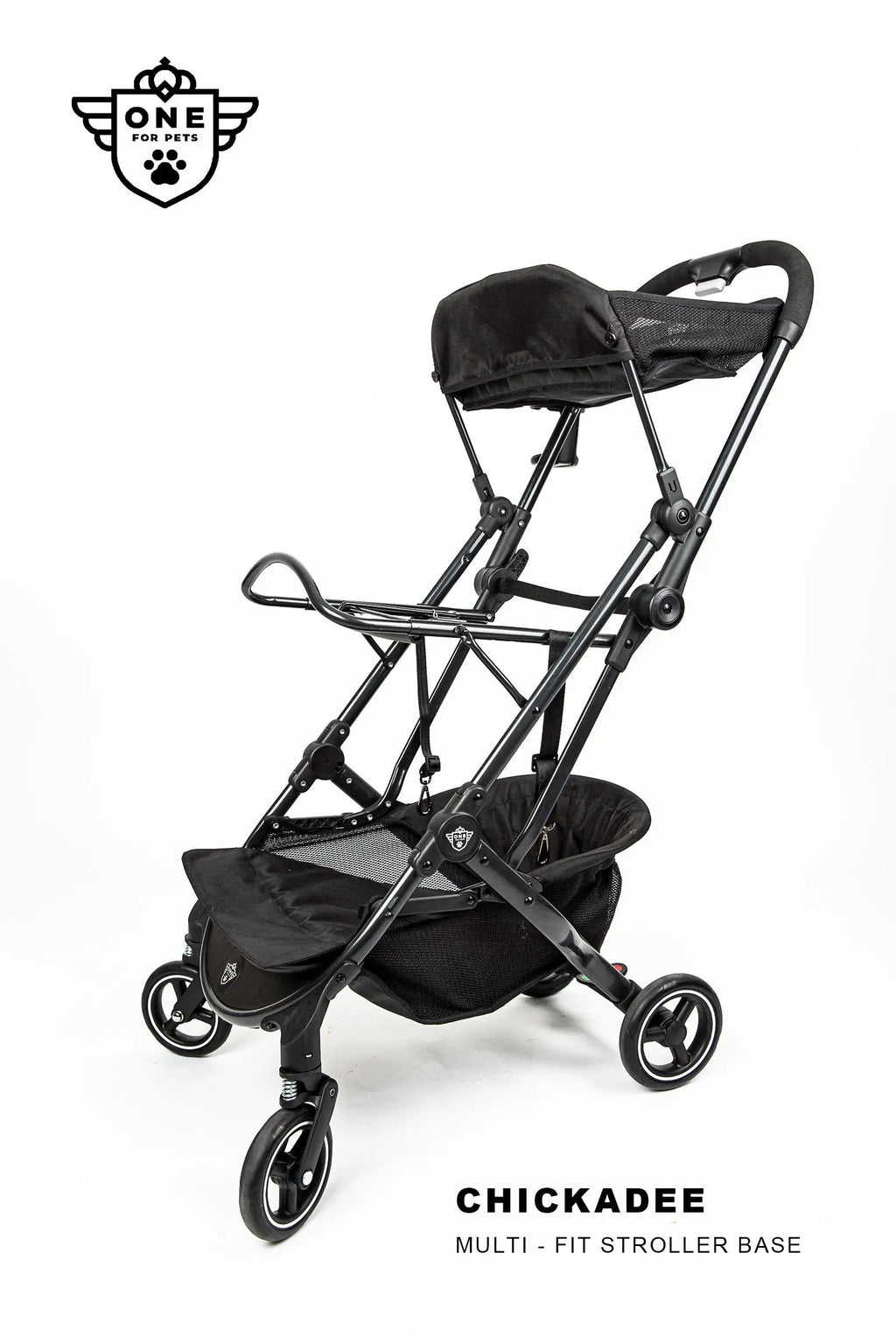 Pet Stroller Base for Detachable Carriers: Compact Folding Frame, Quick-Release Rack and Storage Hooks