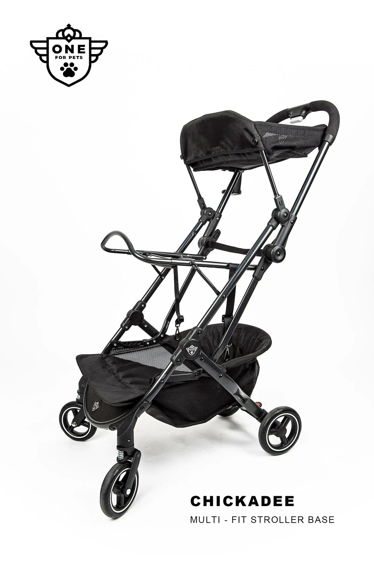 Pet Stroller Base for Detachable Carriers: Compact Folding Frame, Quick-Release Rack and Storage Hooks
