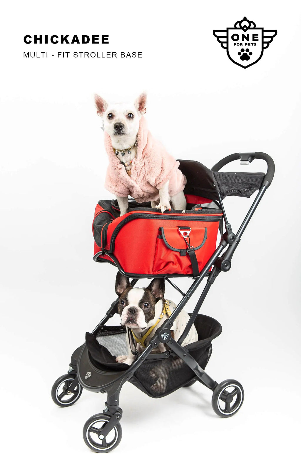 Pet Stroller Base for Detachable Carriers: Compact Folding Frame, Quick-Release Rack and Storage Hooks