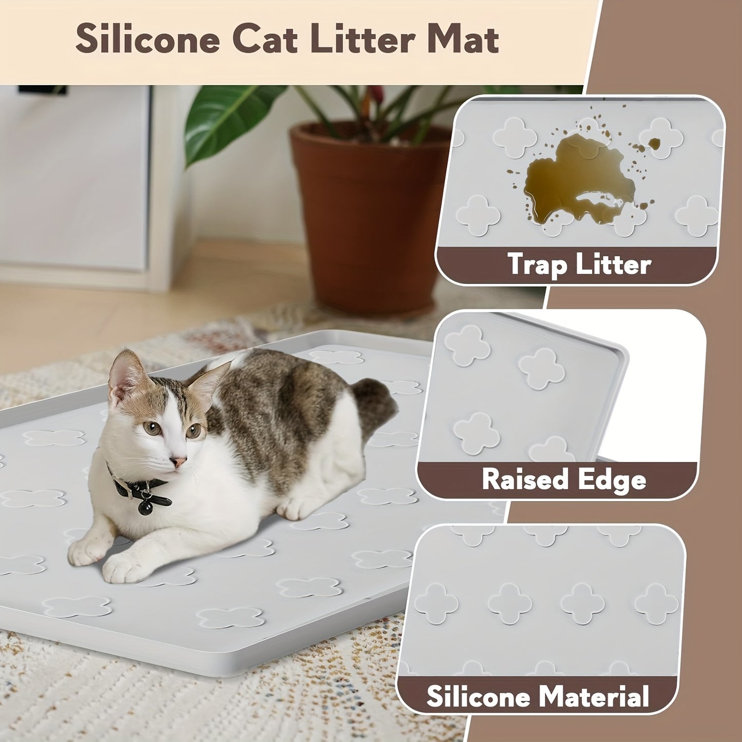 Cat Litter Mat XXL Silicone 34x22 Inch - 3-in-1 Waterproof Non-Slip Litter Trapping Mat with Raised Edges Easy Clean Foldable Pet Feeding Floor Protector