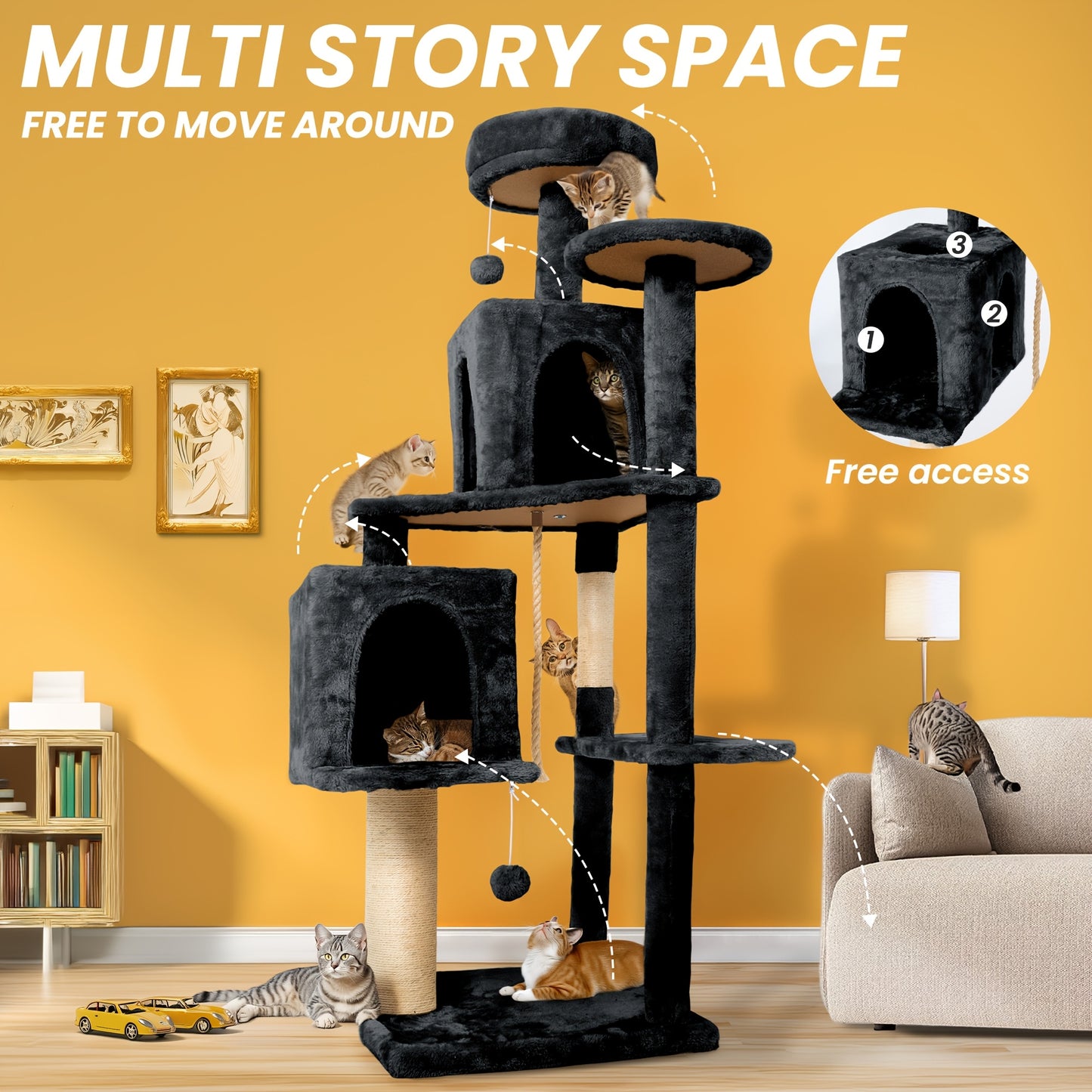 Cat Tree Tower 59 Inch Large Multi-Level Cat Tower for Indoor Cats with Plush Resting Area, Sisal Scratching Post & Hanging Ball Toy – Tall Cat Furniture for Bedroom Living Room, Multiple Colors