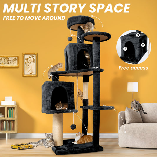Cat Tree Tower 59 Inch Large Multi-Level Cat Tower for Indoor Cats with Plush Resting Area, Sisal Scratching Post & Hanging Ball Toy – Tall Cat Furniture for Bedroom Living Room, Multiple Colors