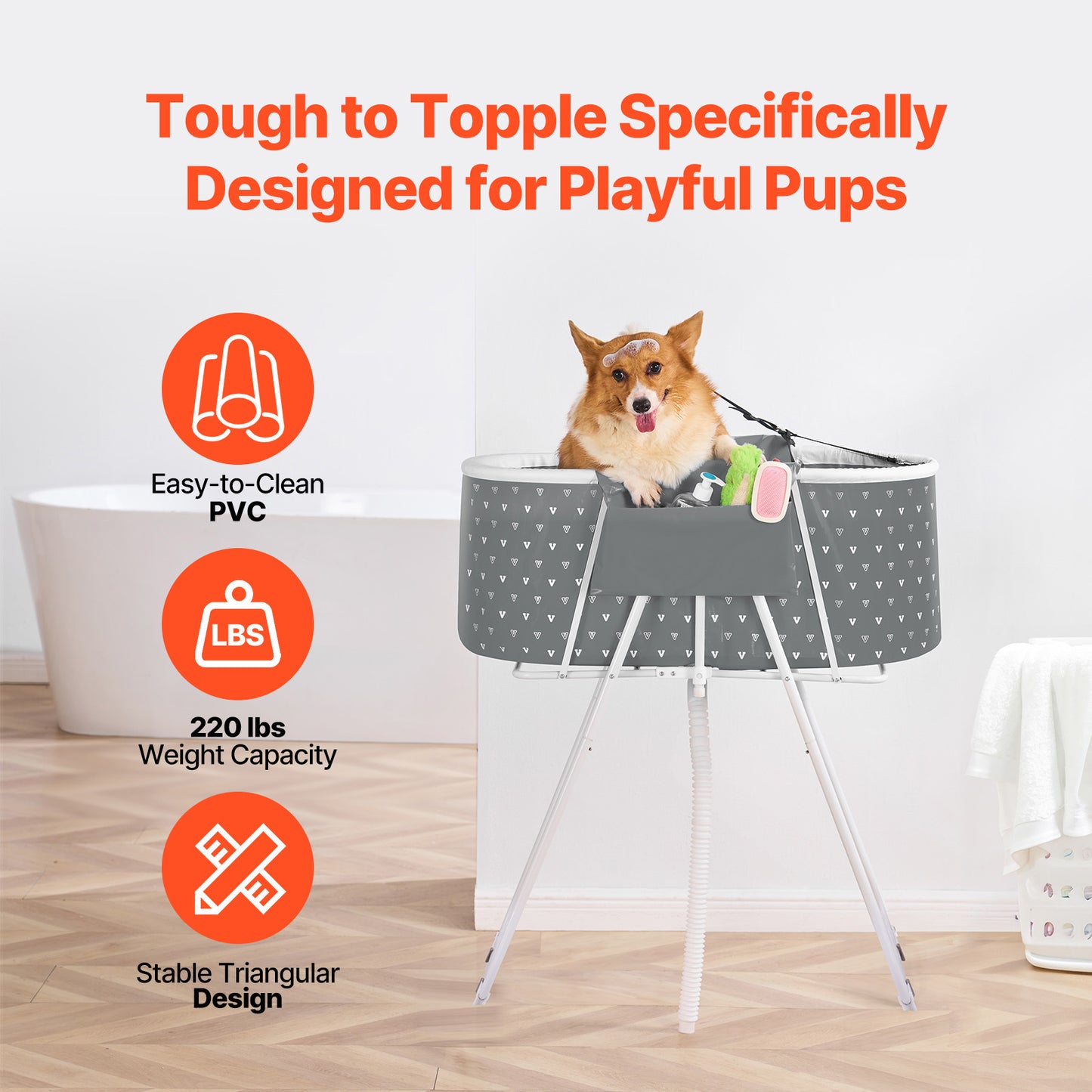 Elevated Foldable Pet Bathtub – Stand-Up Dog Grooming Tub with Carbon Steel Legs, 220 lbs Capacity & Expandable Drain Hose | 33"x18" PVC Tub for Pets 10–65 lbs | Space-Saving Collapsible Design | Gray