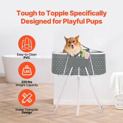 Elevated Foldable Pet Bathtub – Stand-Up Dog Grooming Tub with Carbon Steel Legs, 220 lbs Capacity & Expandable Drain Hose | 33"x18" PVC Tub for Pets 10–65 lbs | Space-Saving Collapsible Design | Gray